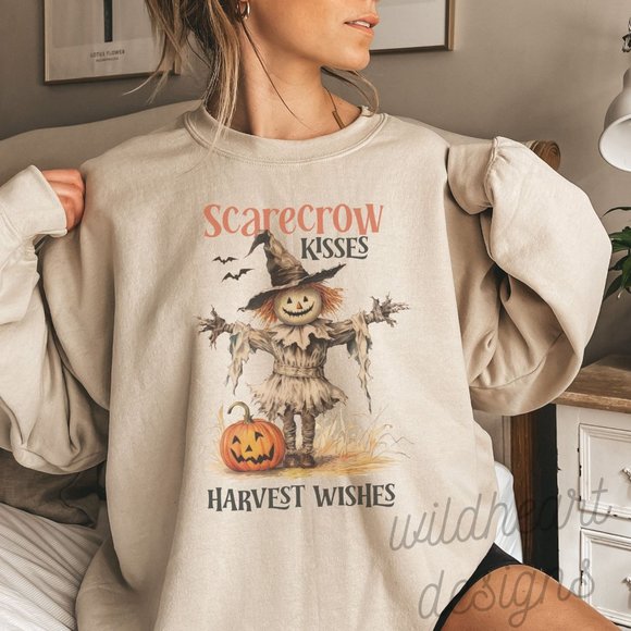 Tops - Scarecrow Kisses Harvest Wishes Halloween Sweatshirt, Thanksgiving Sweatshirt